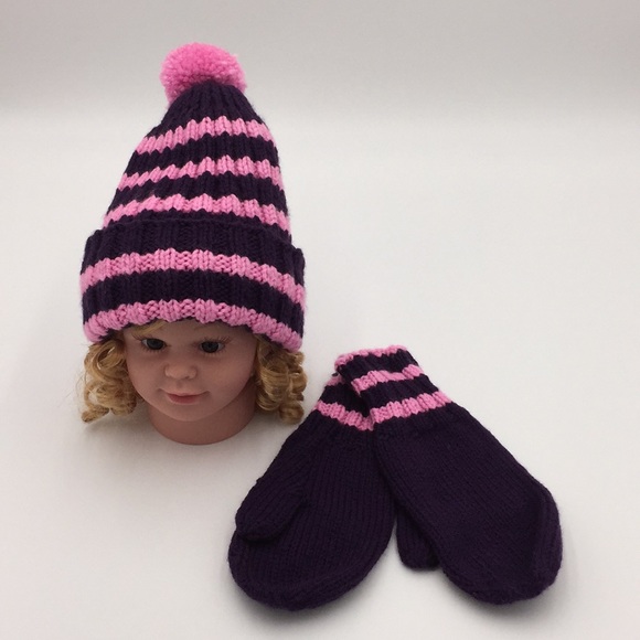 Hand Knit Girls Winter Hat + Pair of Mittens Purple & Pink Stripe - Picture 10 of 10